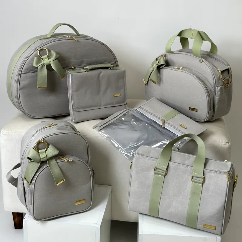 Kit Maternidade - Linho Bege com Fitas Verde Chá