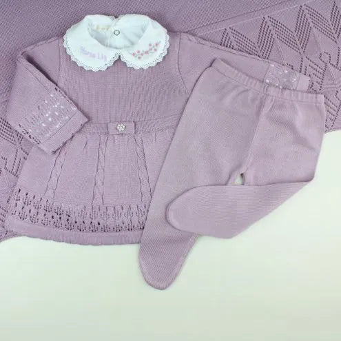 Saída De Maternidade Feminina Bebê Tricô 7 Peças Helena - ACOMPANHA MACACÃO PERSONALIZADO Lilás