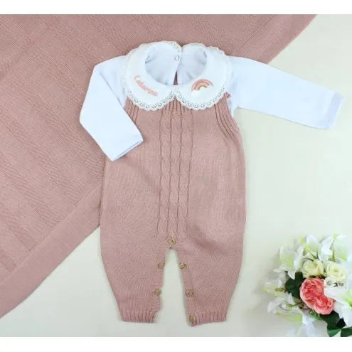 Saída De Maternidade Feminina Bebê Tricô Laura 7 peças - ACOMPANHA BODY PERSONALIZADO Rosê