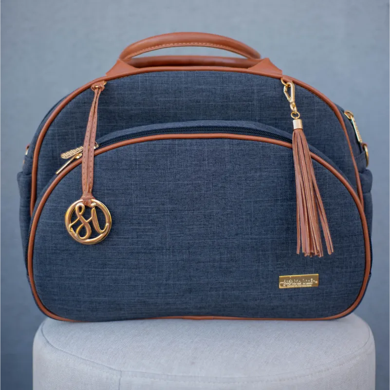 Bolsa da Mamãe - Linho Preto com Detalhes em Couro Caramelo